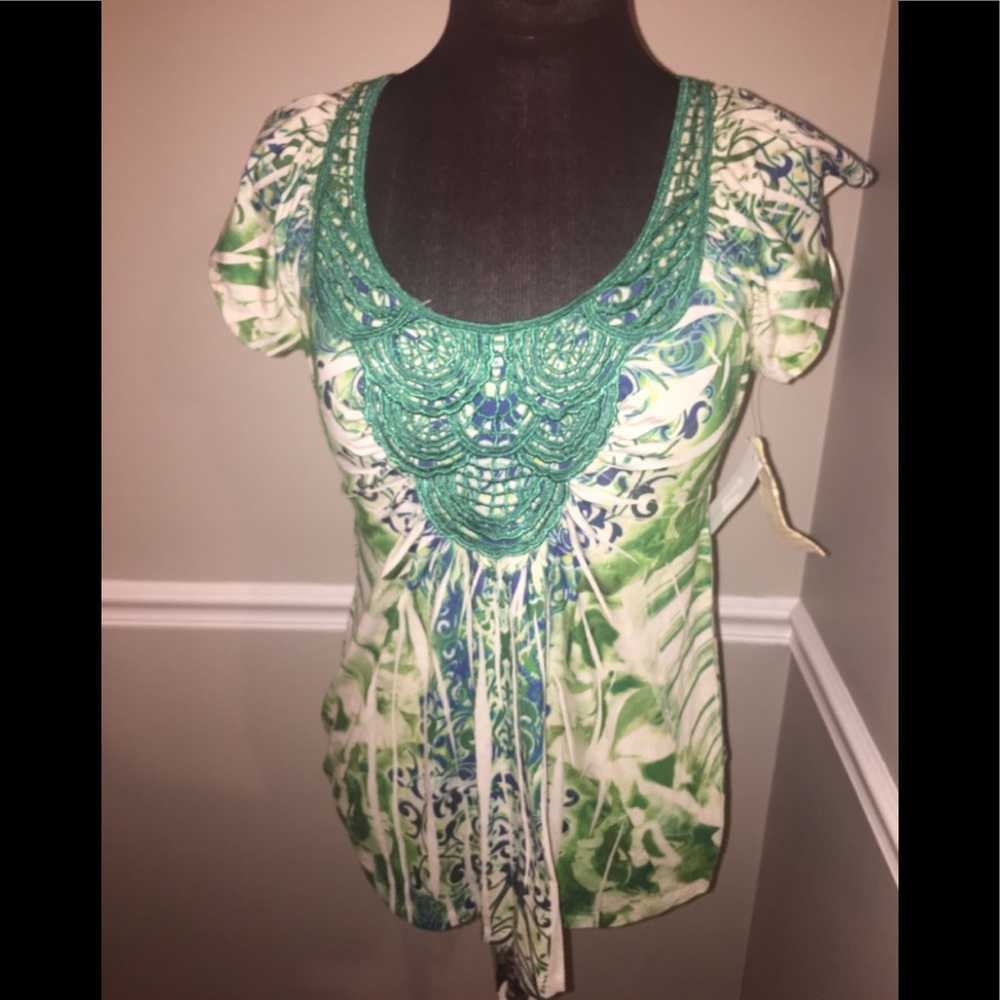 One World Women’s M Petite Boho Y2K Shirt‎ NEW Fairy Whimsical Green